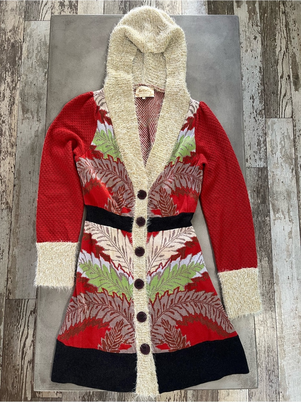 Anthropologie Lia Molly New Orleans Fern Hooded Sweatercoat Cardigan Red Medium